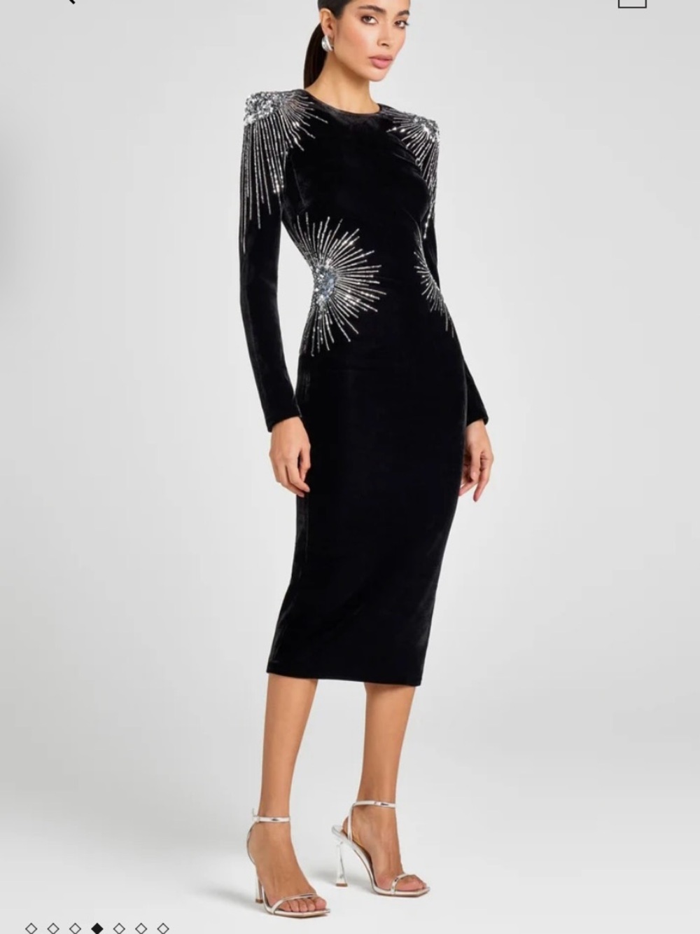 Black Embellished Velvet Long-Sleeve Midi Dress